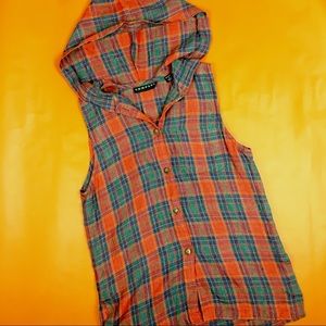 [90s] Grunge Punk Sleeveless Plaid Shirt W/ Hood